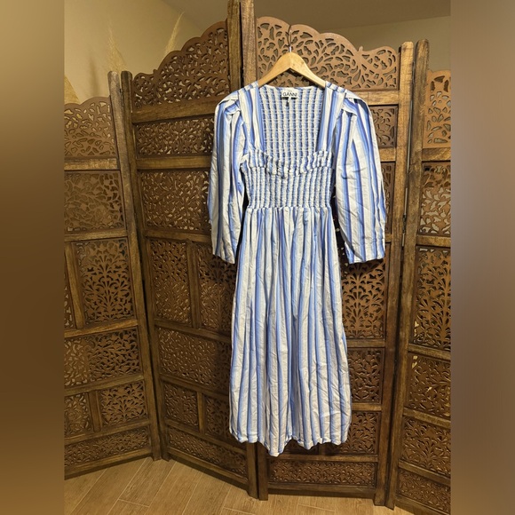 GANNI Blue Striped Cotton Smock Midi Dress - Picture 2 of 3